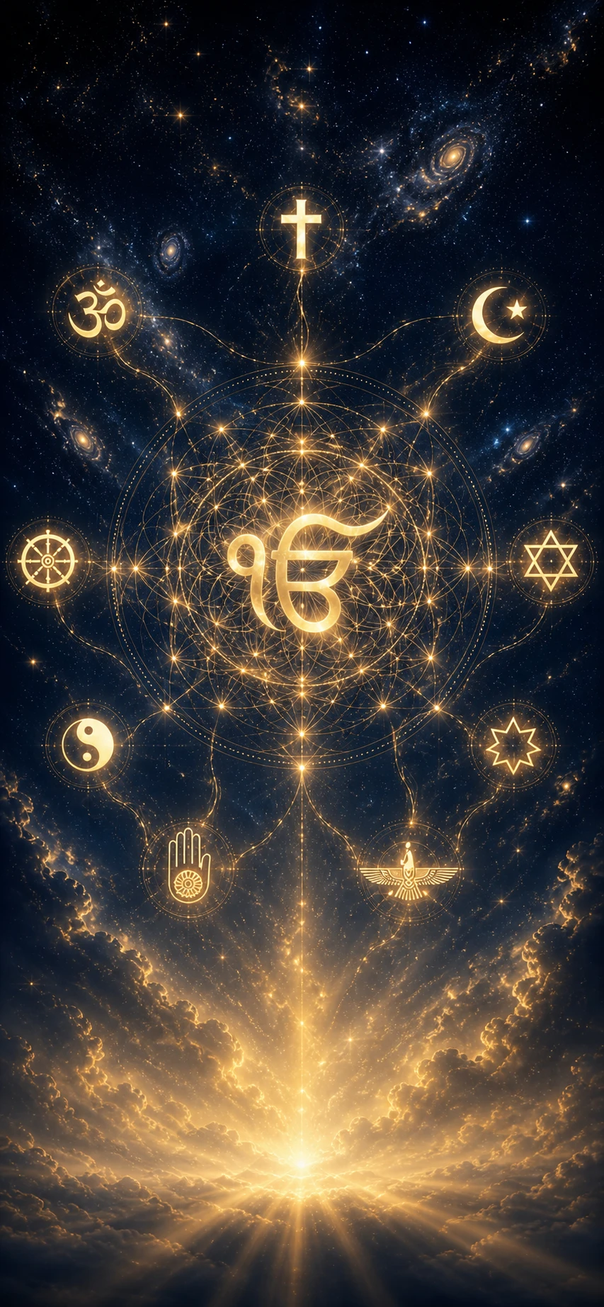 Ik Onkar surrounded by symbols of every faith